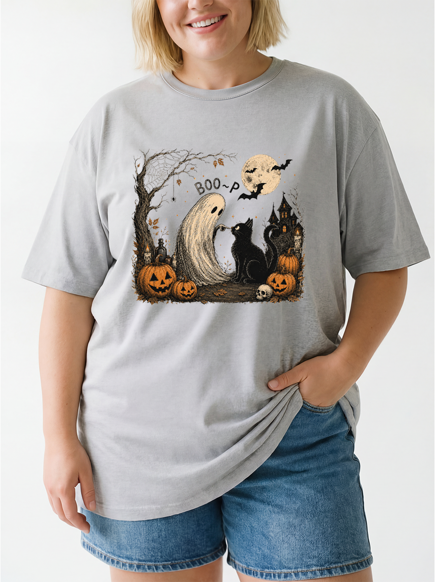Vintage Ghost Cat Halloween Oversize Graphic Tee