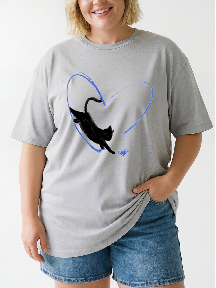 Vintage Black Cat And Heart Oversize Graphic Tee