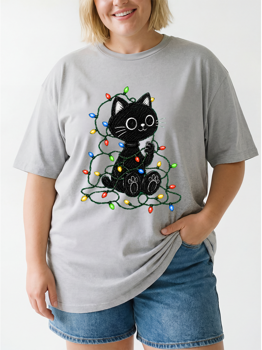 Vintage Holiday Lights Cute Black Cat Oversize Graphic Tee