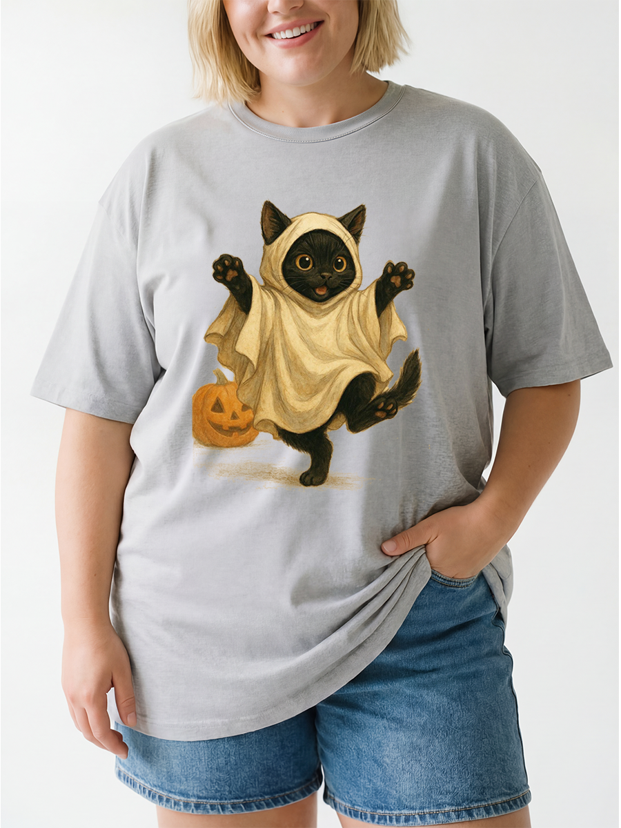 Vintage Cute Black Cat And Pumpkin Oversize Graphic Tee
