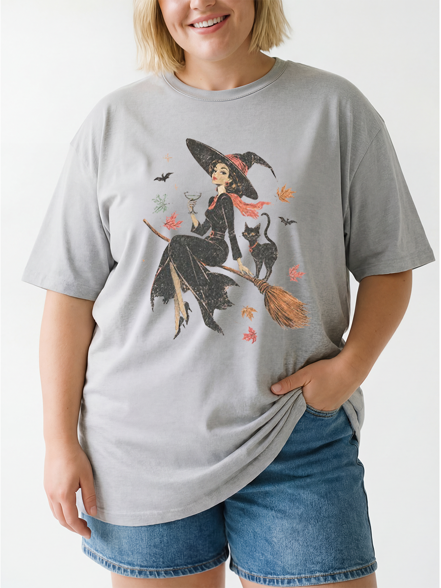 Vintage Witch & Cat Ringer Oversize Graphic Tee