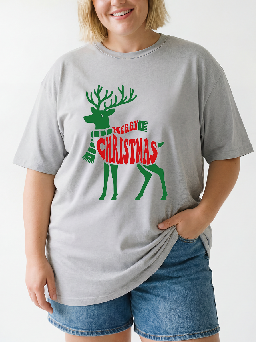 Vintage  Merry Christmas Cute Deer Oversize Graphic Tee