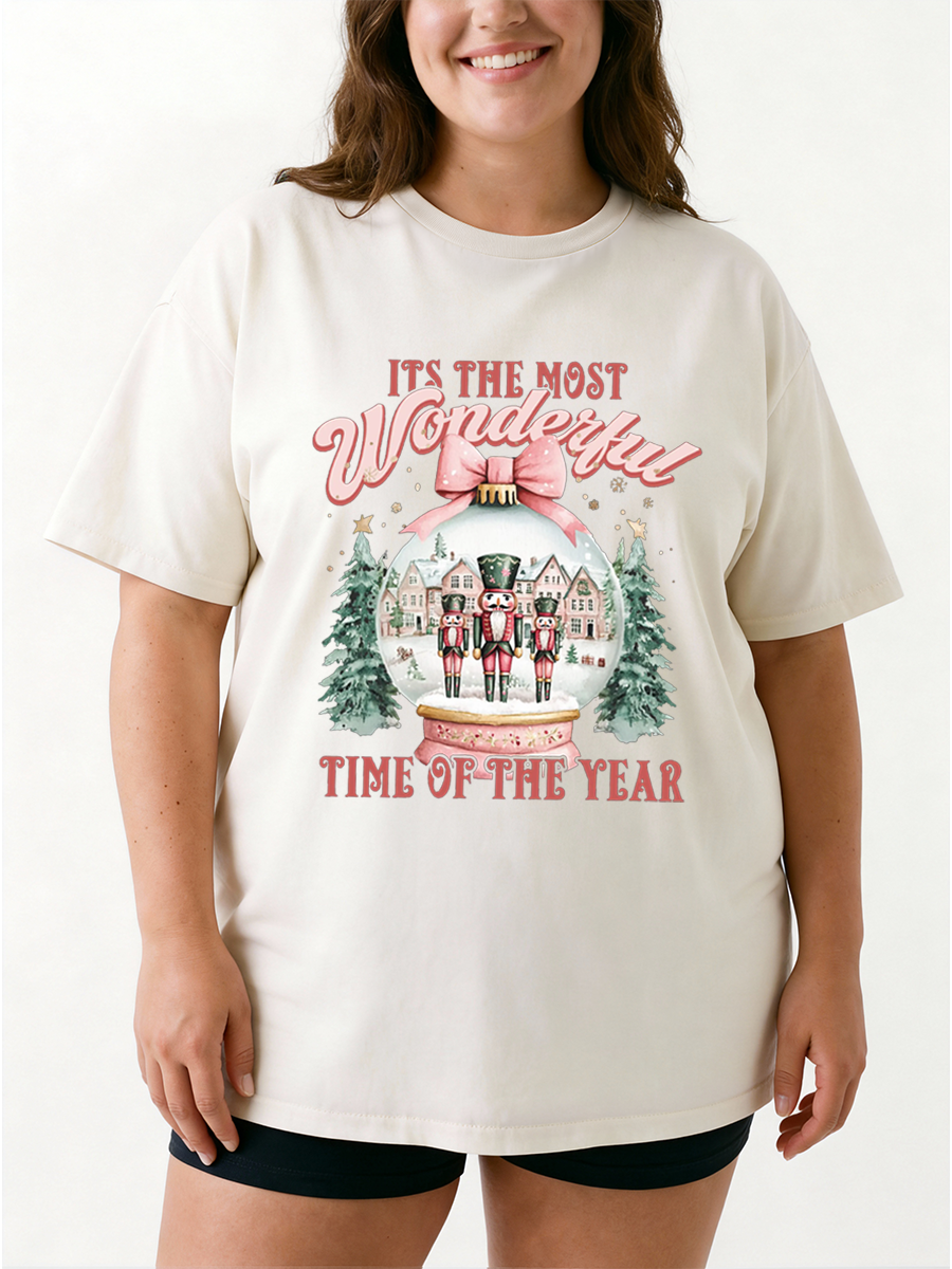 Vintage  Christmas Nutcracker And Snow Globe Oversize Graphic Tee