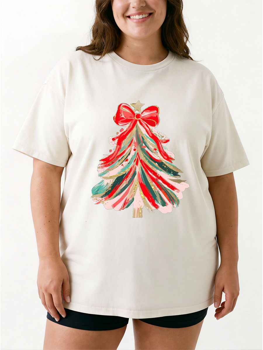 Vintage Red Bow Christmas Tree Oversize Graphic Tee