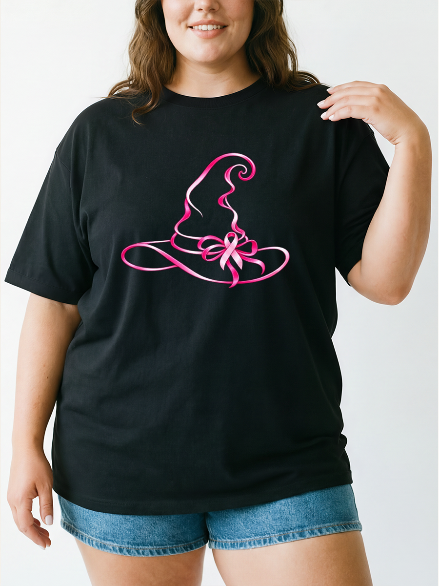 Vintage Breast Cancer Awareness Witch Hat Oversize Graphic Tee