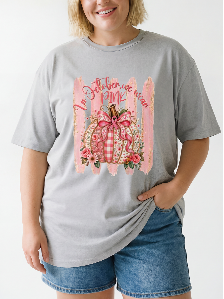 Vintage Breast Cancer Awareness Pumpkin Floral Oversize Graphic Tee