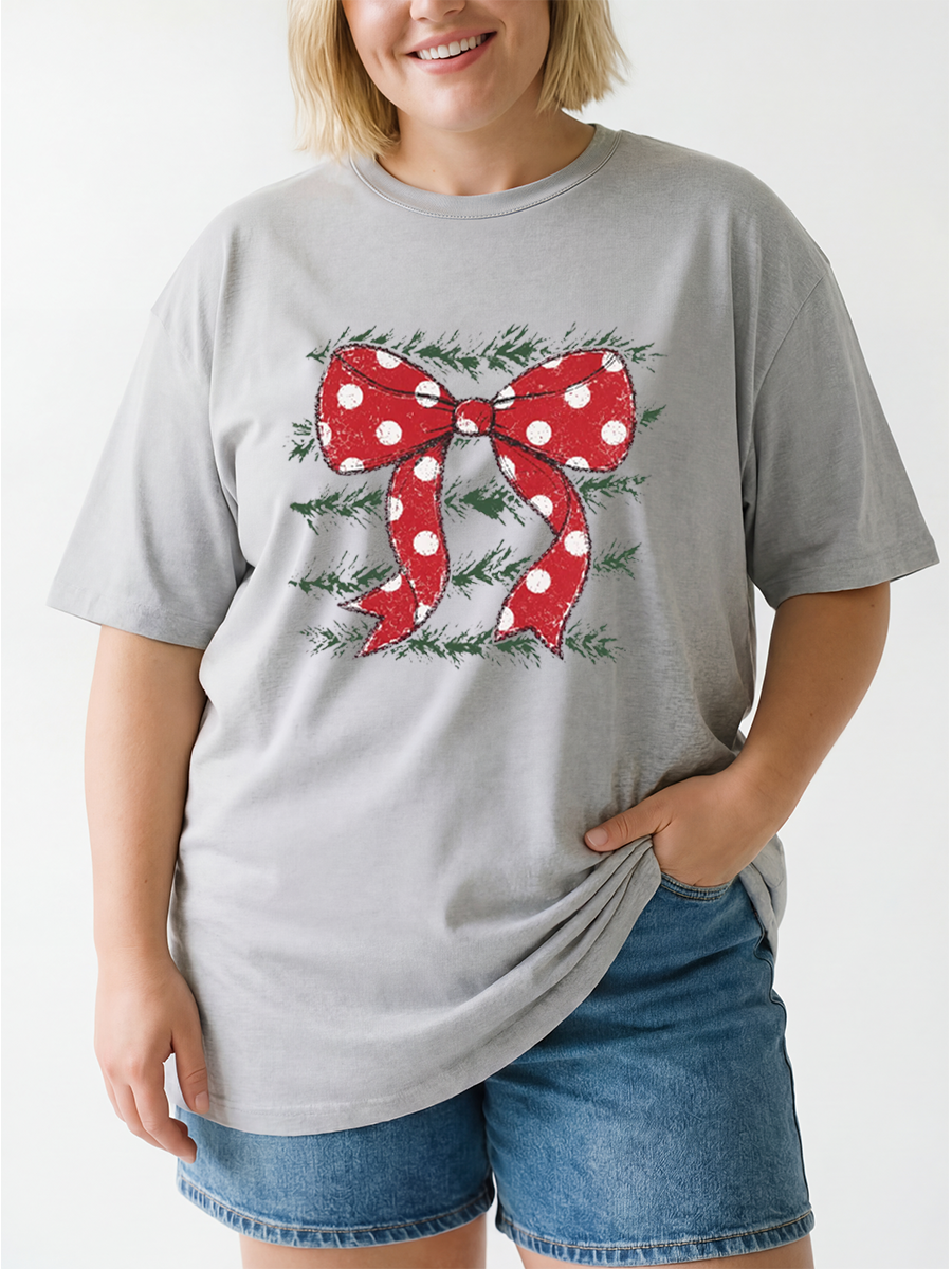 Vintage Christmas Bow Stripes Oversize Graphic Tee
