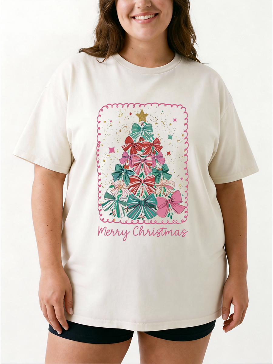 Vintage Pink Christmas Tree Oversize Graphic Tee