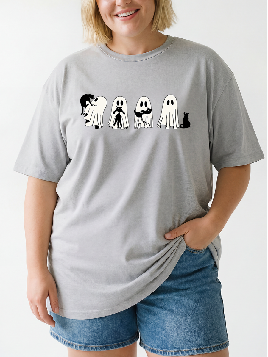 Vintage Halloween Black Cat & Ghost Oversize Graphic Tee