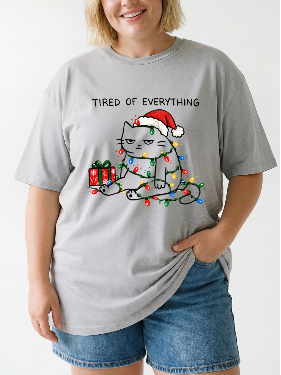 Vintage Tired Of Everything Cute Christmas Cat Oversize Graphic Tee
