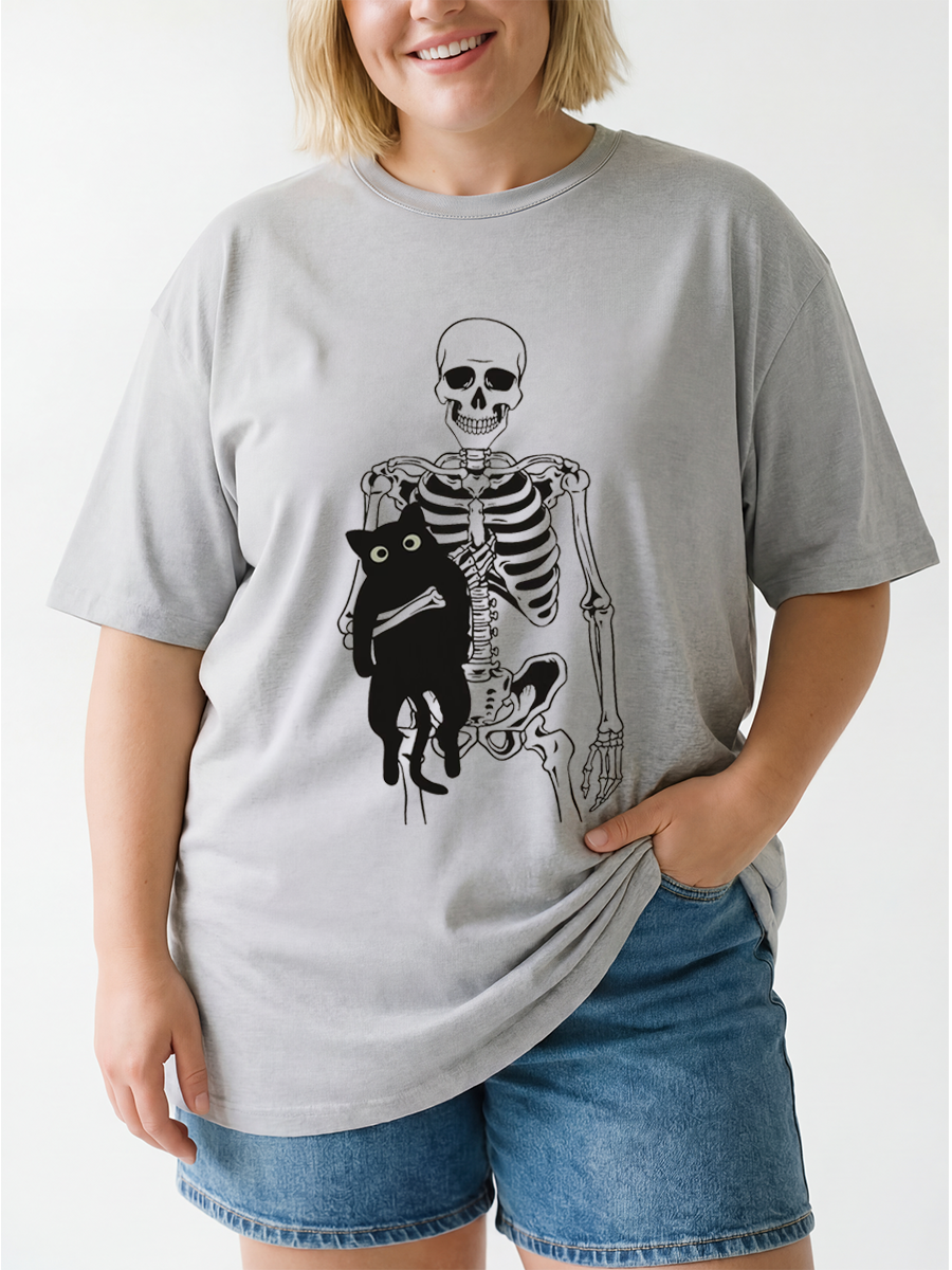 Vintage Skeleton And Cat Oversize Graphic Tee