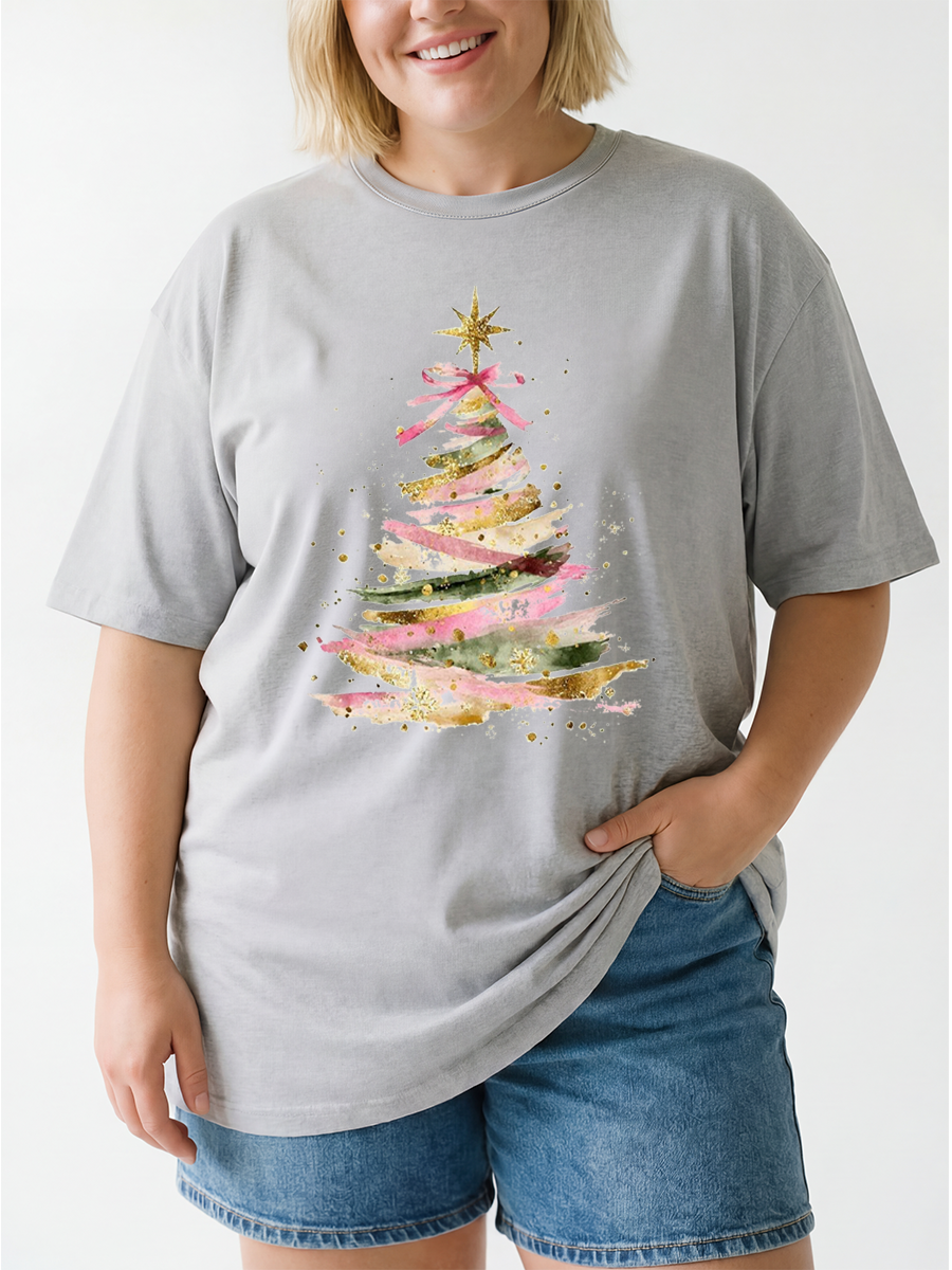 Vintage Christmas Watercolor Tree Oversize Graphic Tee