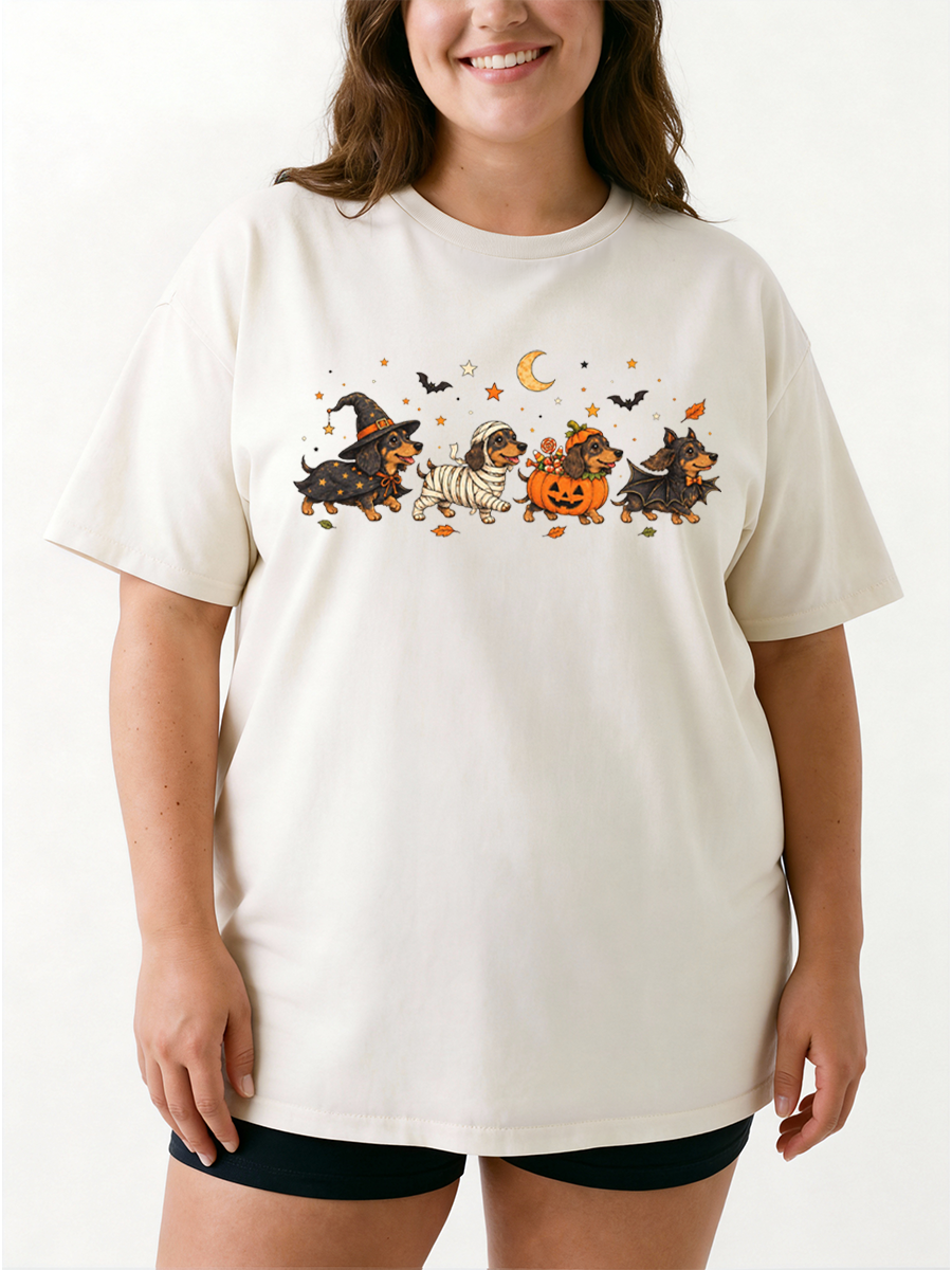 Vintage Cute Halloween Dachshund Dog Oversize Graphic Tee