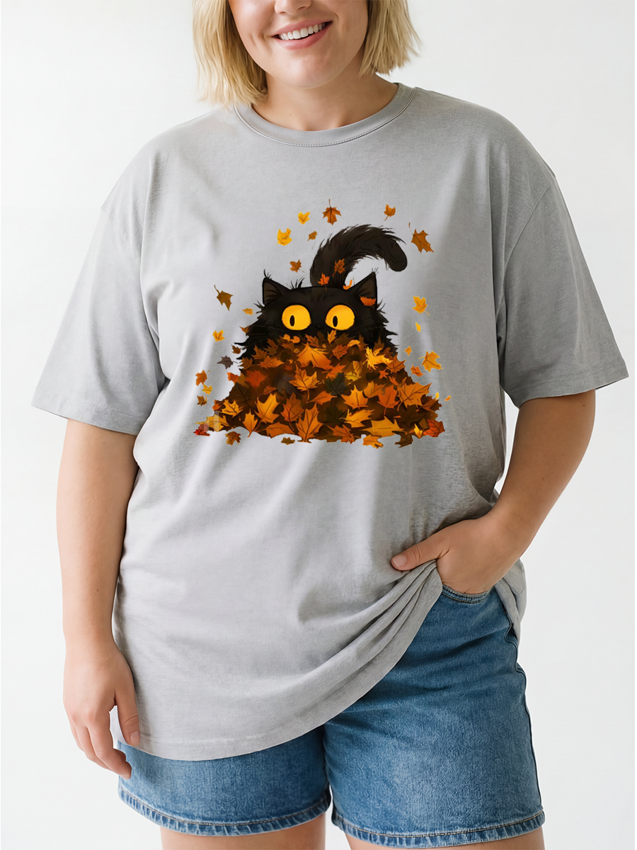 Vintage Black Cat Playing In Fall Leaves Oversize Graphic Tee