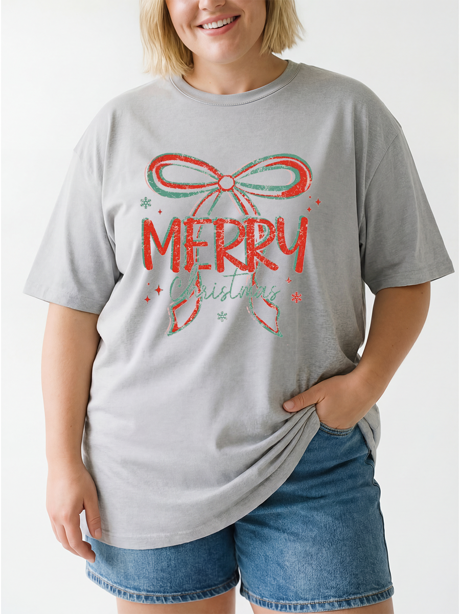 Vintage Merry Christmas Bow Oversize Graphic Tee