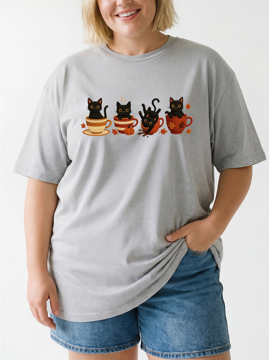 Vintage Halloween Pumpkin Fall Black Cat Oversize Graphic Tee