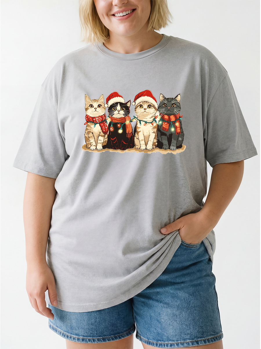 Vintage Christmas Cute Cats Oversize Graphic Tee