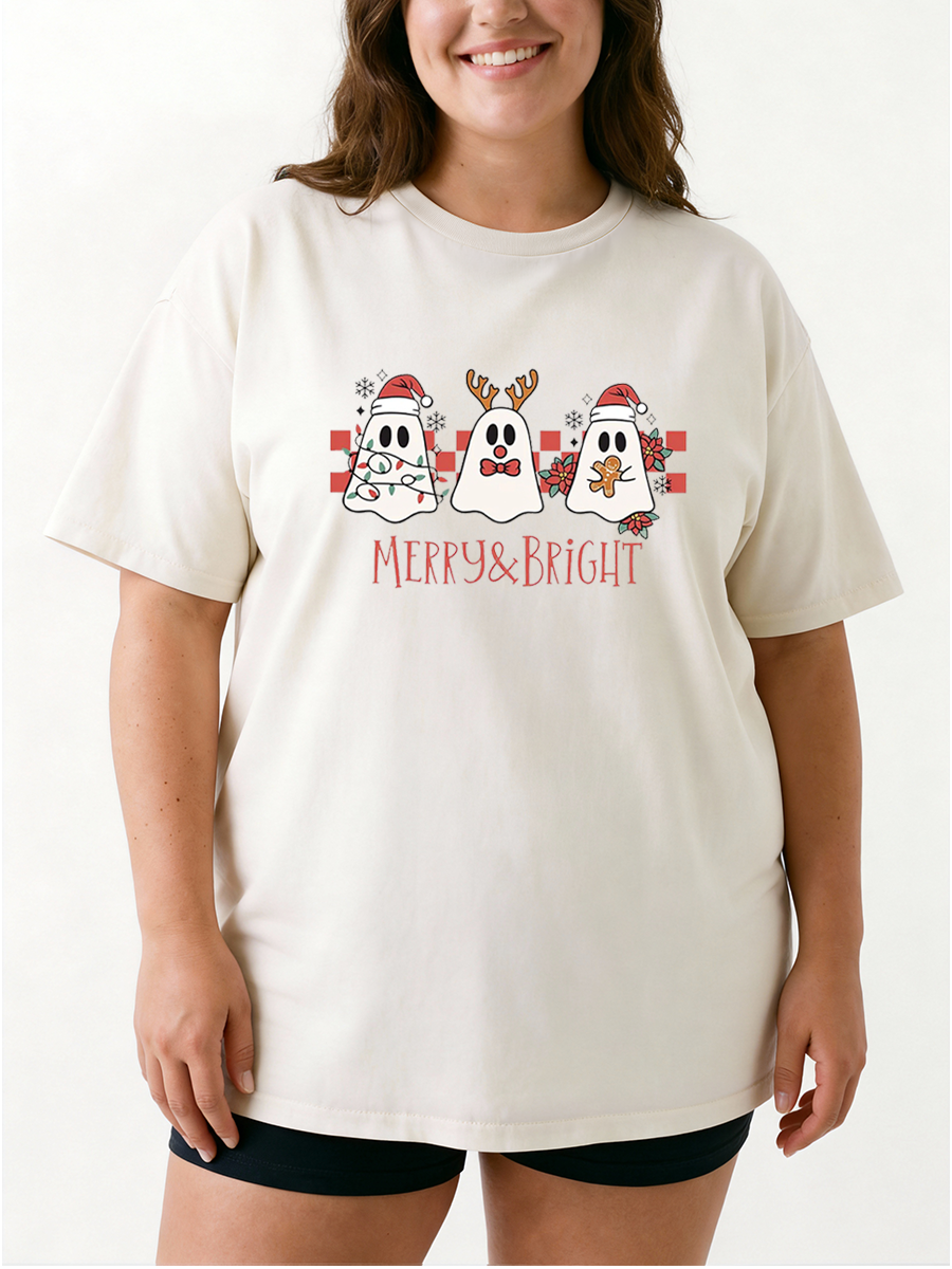Vintage Merry Christmas Cute Ghost Oversize Graphic Tee
