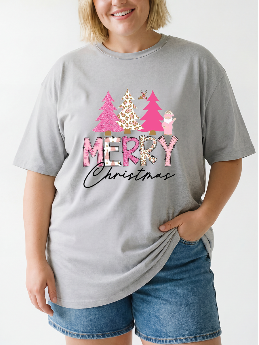 Vintage Glitter Pink Christmas Tree Oversize Graphic Tee
