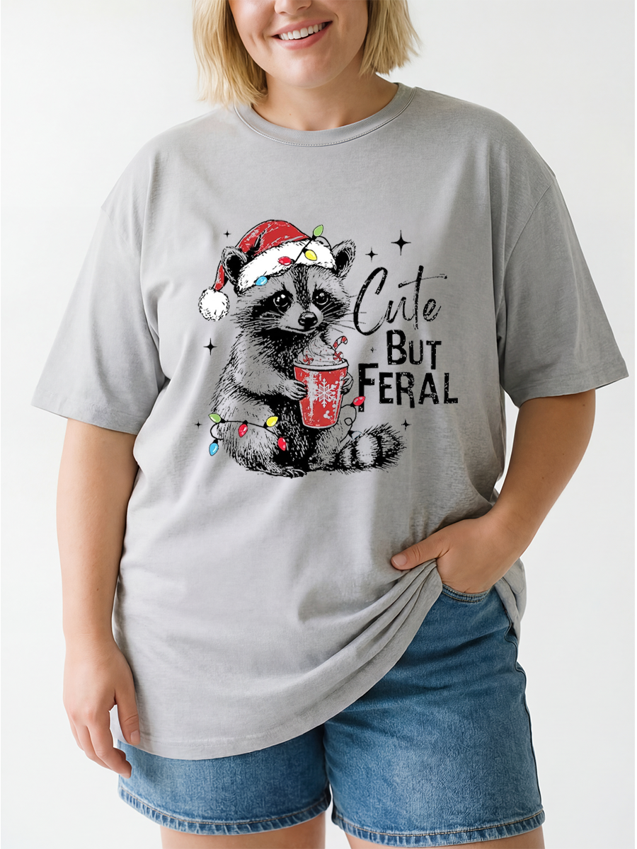 Vintage Cute But Feral Christmas Racoon Oversize Graphic Tee