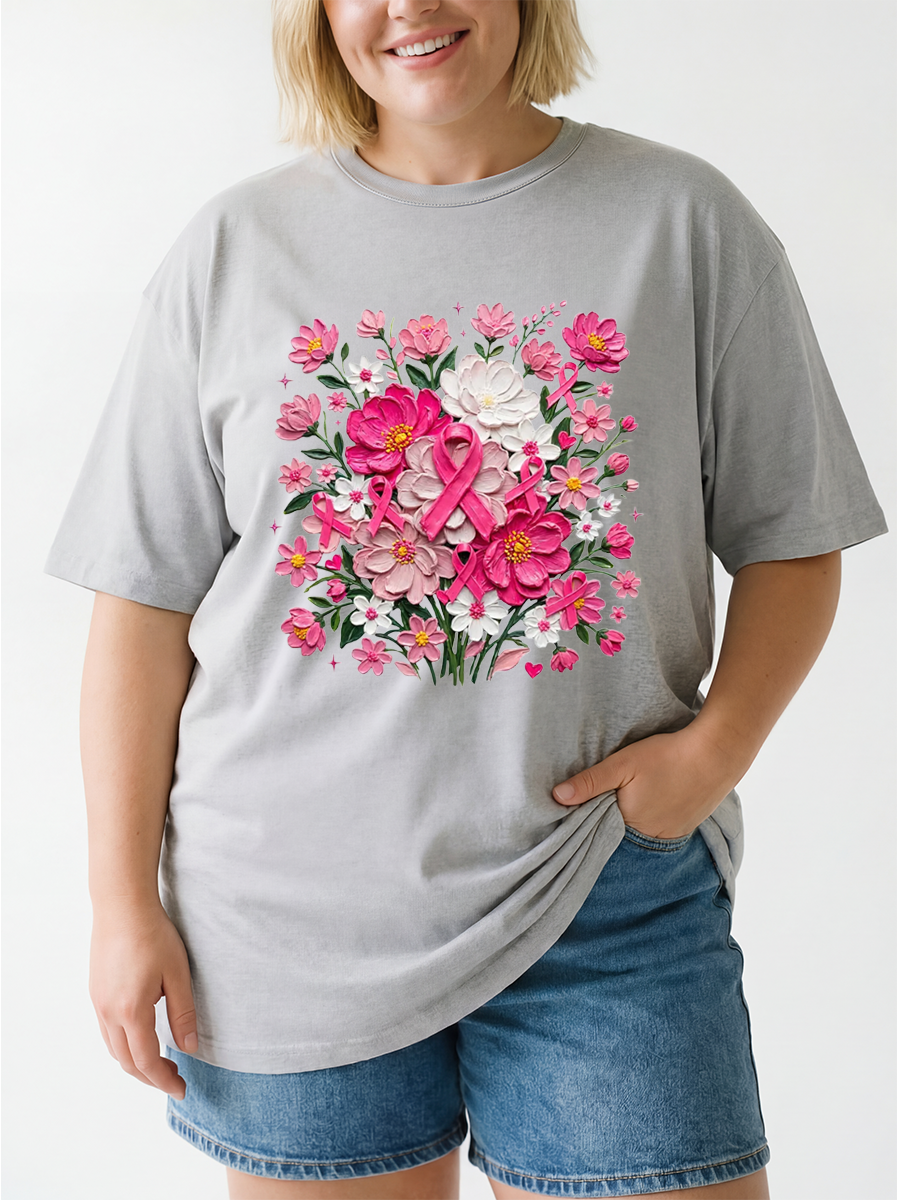 Vintage Pink Ribbon Awareness Colorful Flowers Oversize Graphic Tee