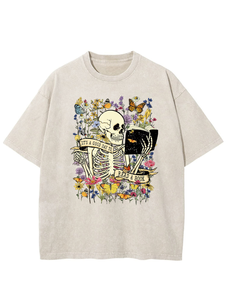 Vintage Spooky Skull Reading Amidst Butterflies Washed T-Shirt