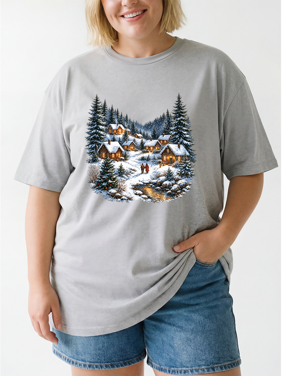 Vintage Christmas Winter Village Oversize Graphic Tee
