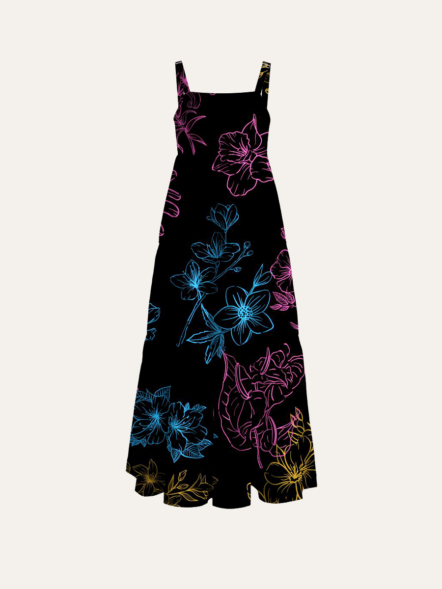 Glowing Sketch Flowers Adjustable Wide Straps Maxi Dress
