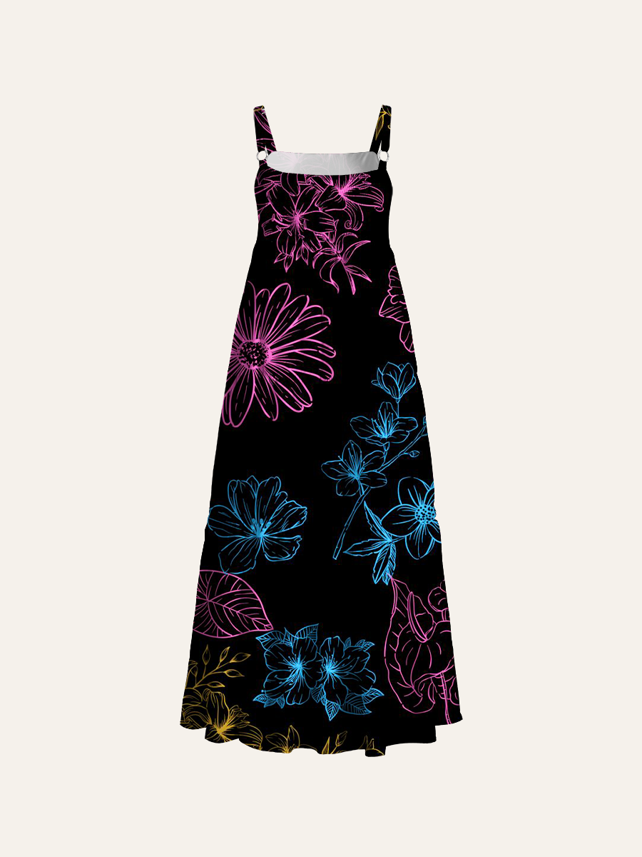 Glowing Sketch Flowers Adjustable Wide Straps Maxi Dress