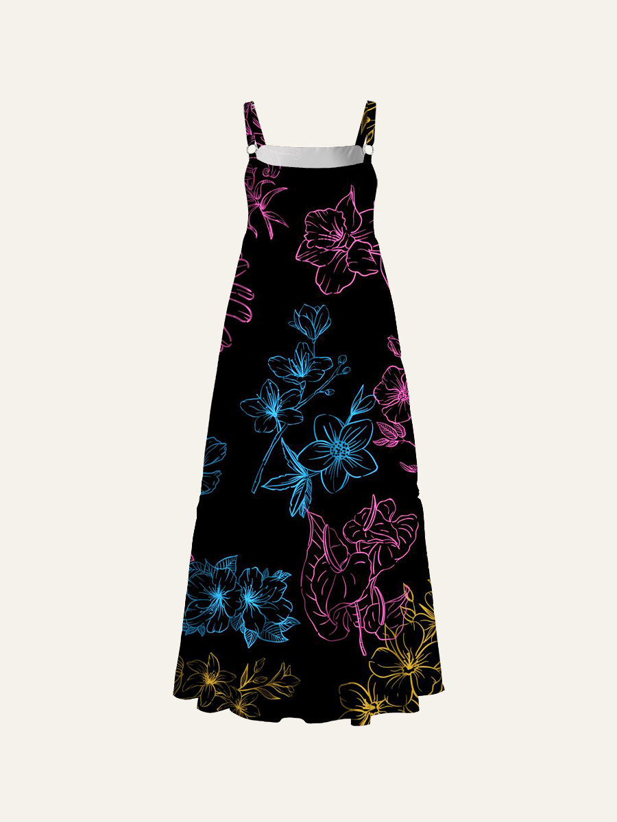 Glowing Sketch Flowers Adjustable Wide Straps Maxi Dress