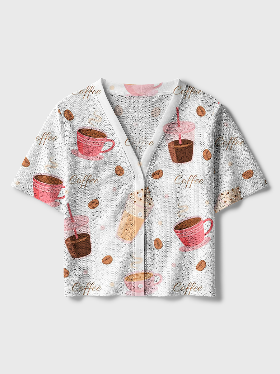 White Soft Pink Pastel Coffee Girly Ghost Crochet Button Down Cardigan