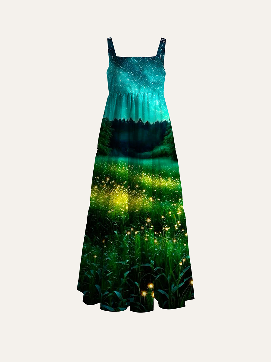 Glitter Turquoise Galaxy Nebula Adjustable Wide Straps Maxi Dress