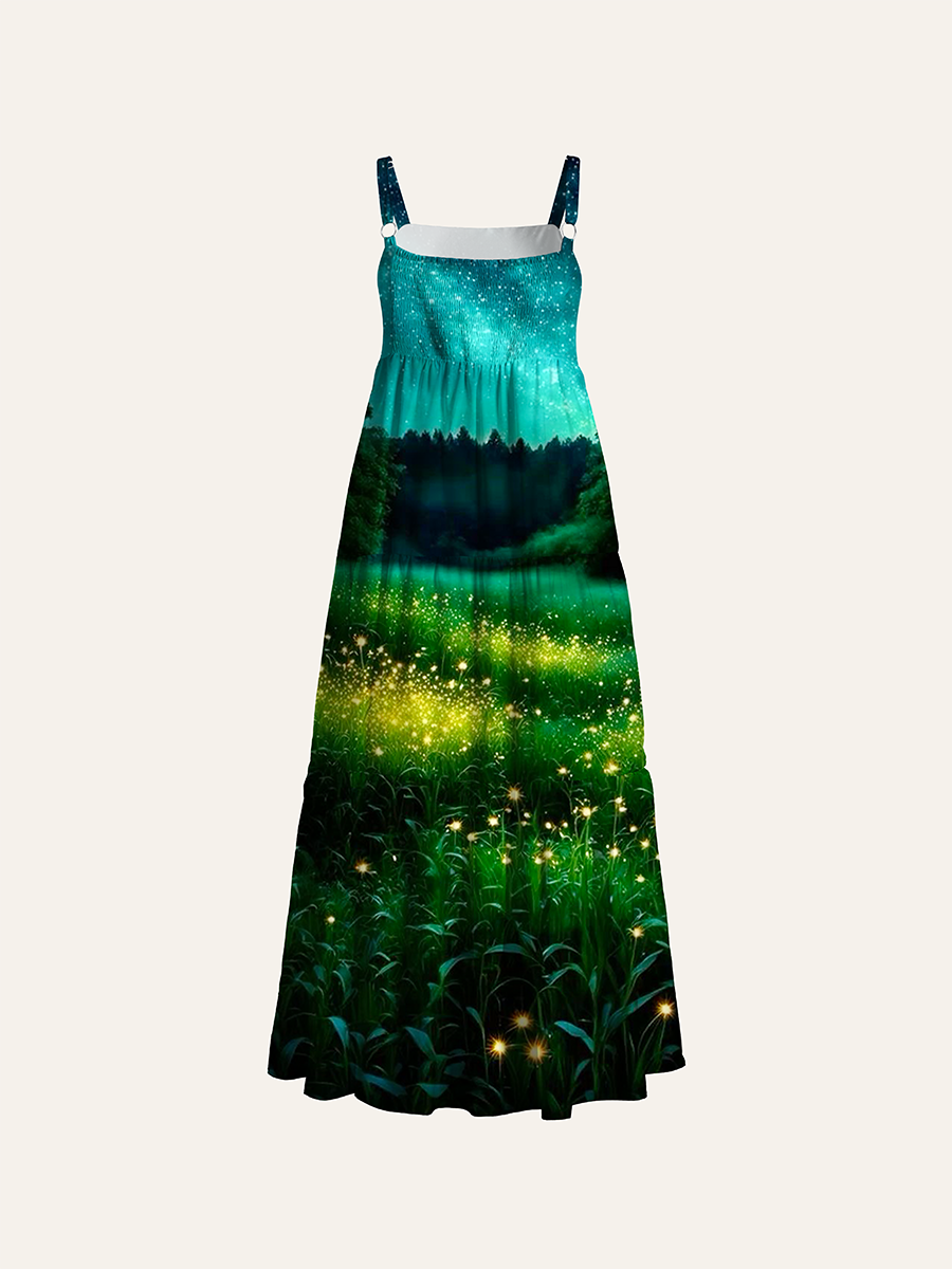 Glitter Turquoise Galaxy Nebula Adjustable Wide Straps Maxi Dress