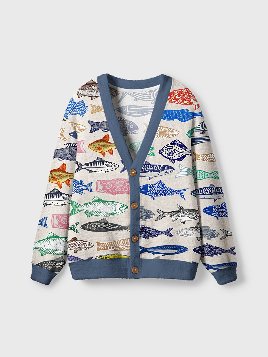Vintage Various Vintage Woodblock Style Fishes Cardigan Sweaters