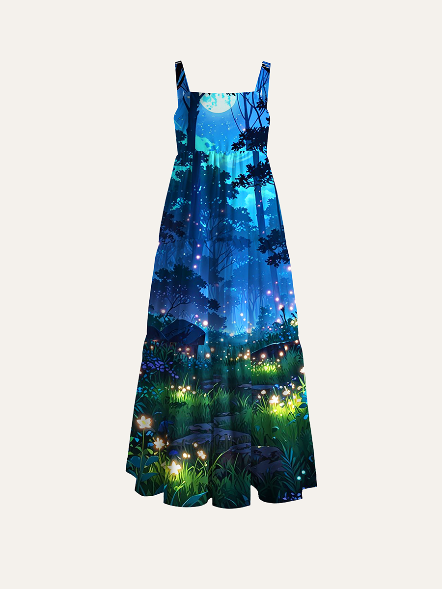 Anime Moon Forest Firefly Adjustable Wide Straps Maxi Dress