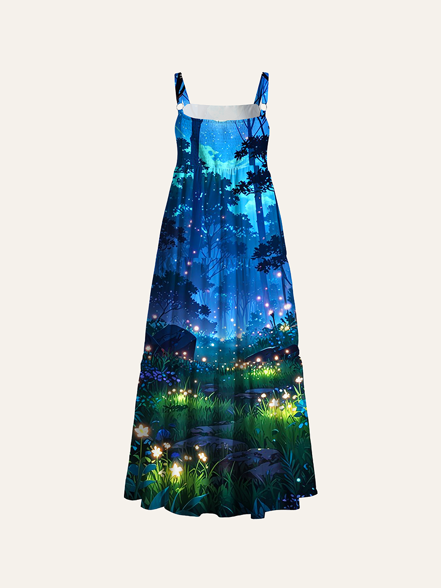 Anime Moon Forest Firefly Adjustable Wide Straps Maxi Dress