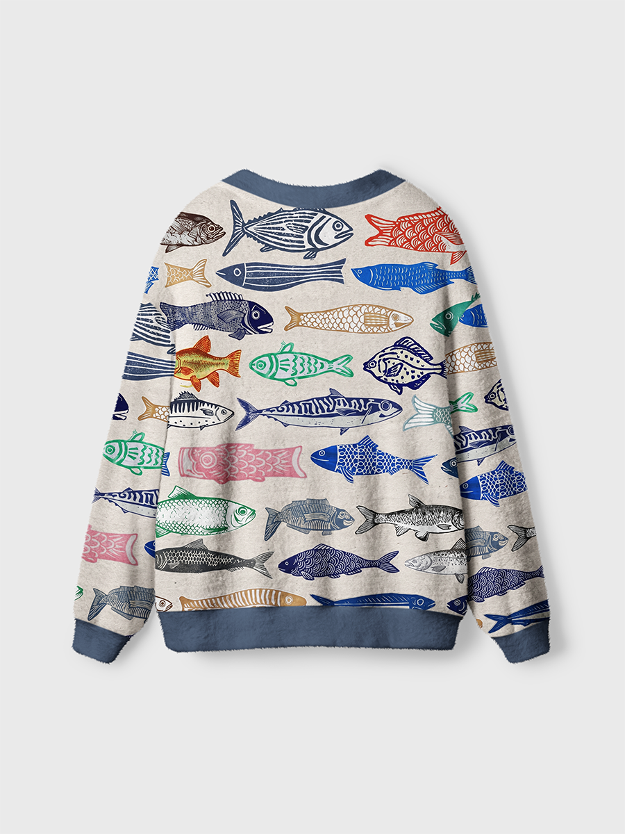 Vintage Various Vintage Woodblock Style Fishes Cardigan Sweaters