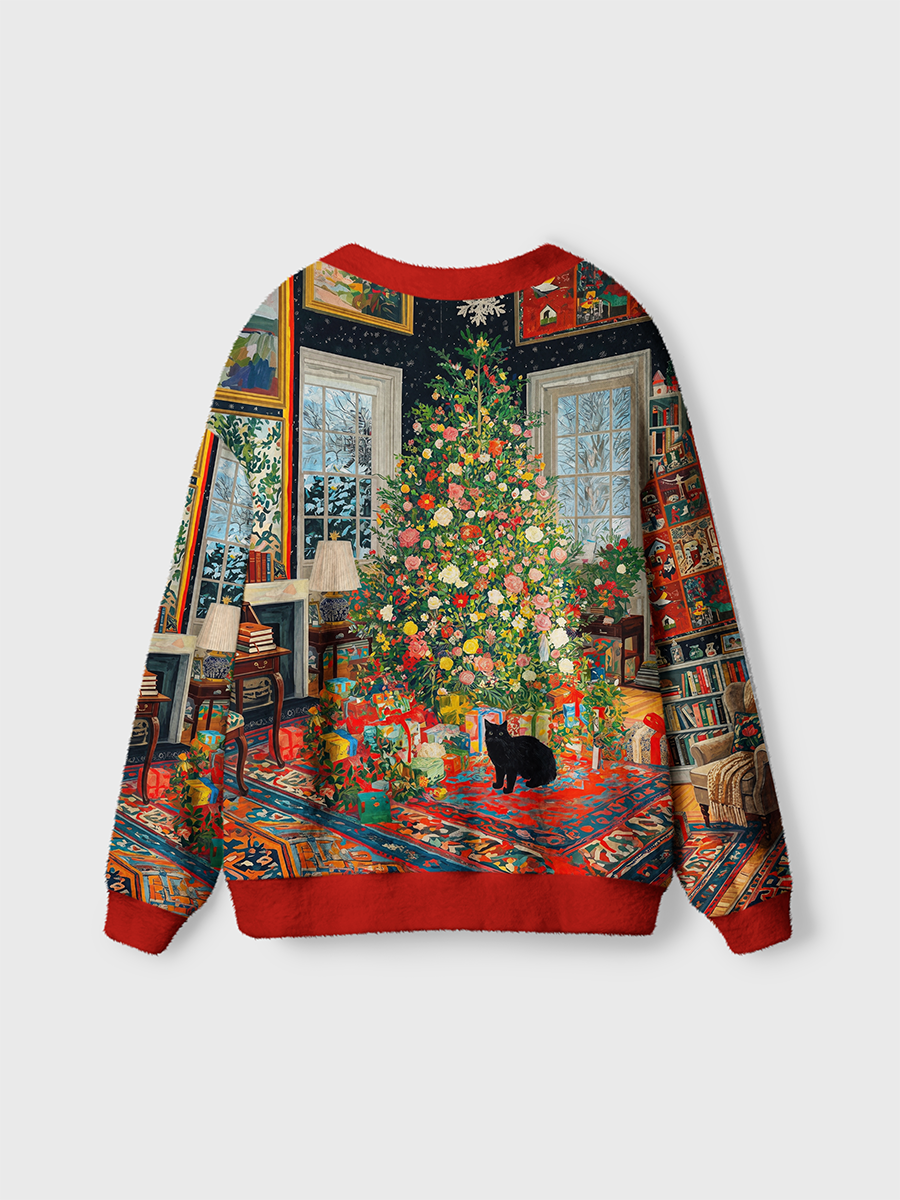 Vintage Floral Christmas Tree, Holiday Gifts, and Black Cat Indoor Scene Cardigan Sweaters