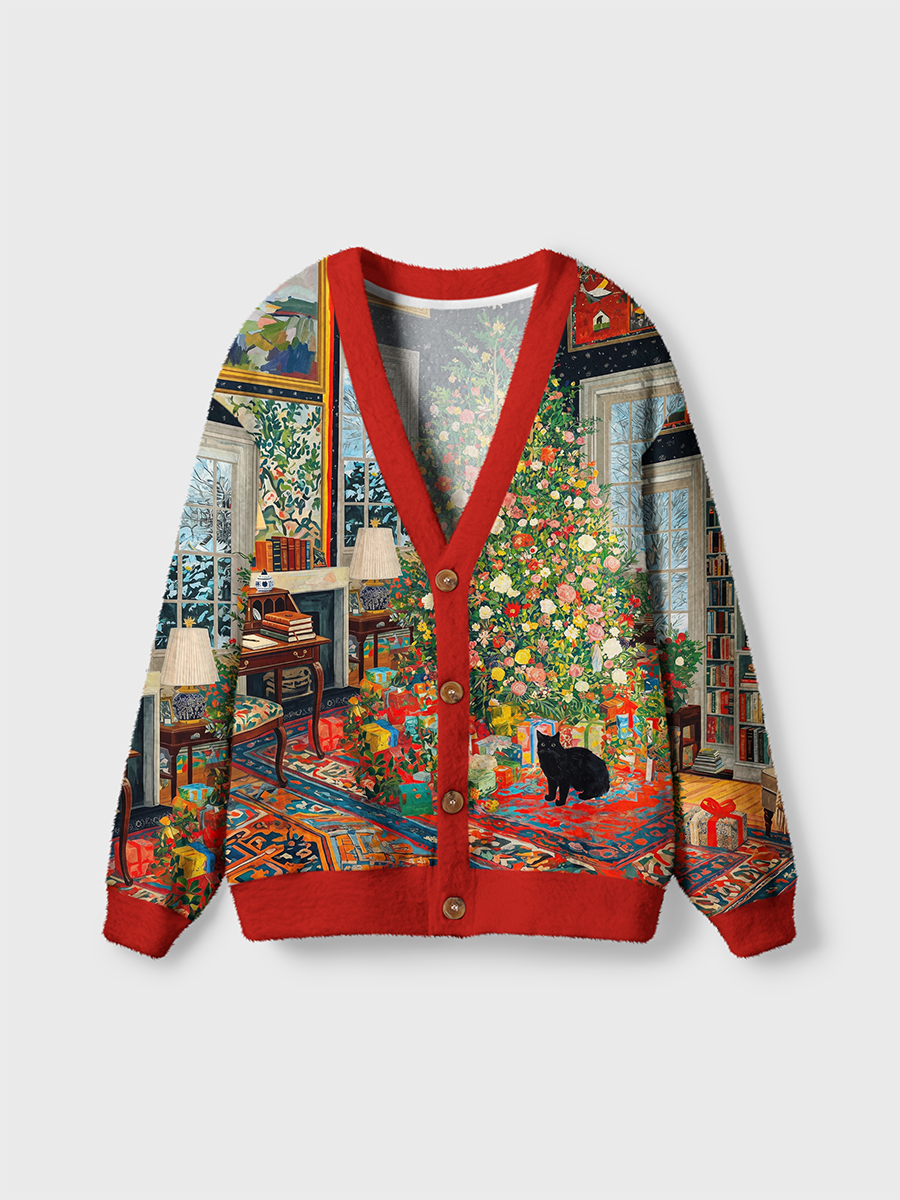 Vintage Floral Christmas Tree, Holiday Gifts, and Black Cat Indoor Scene Cardigan Sweaters