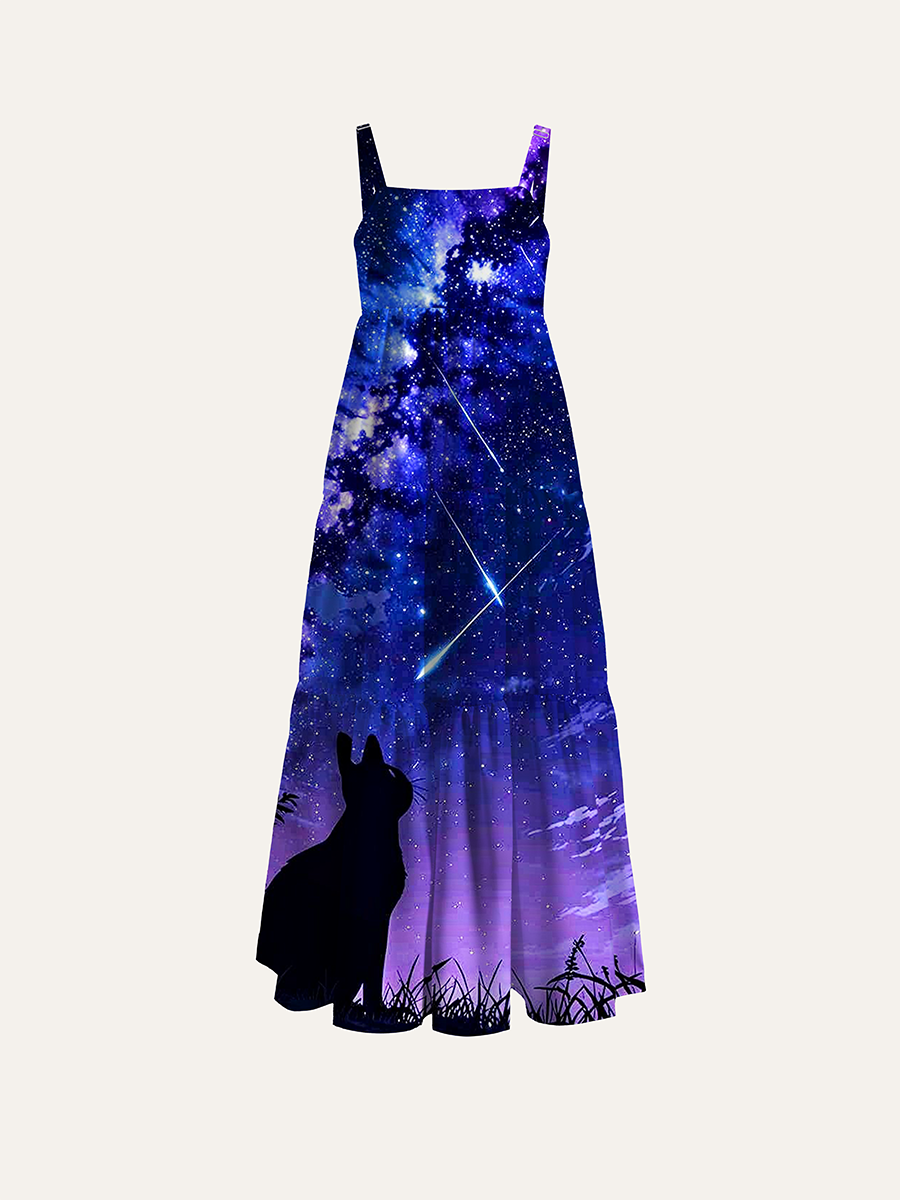 Purple Galaxy Shooting Star Cat Silhouette Adjustable Wide Straps Maxi Dress