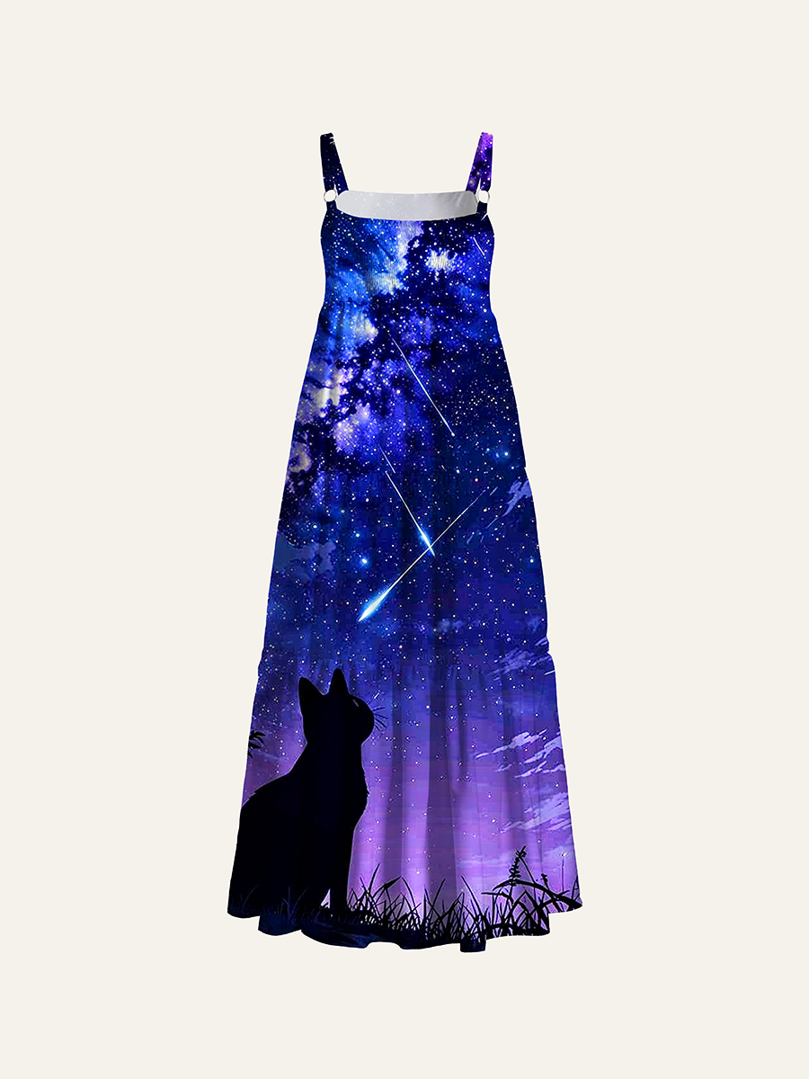 Purple Galaxy Shooting Star Cat Silhouette Adjustable Wide Straps Maxi Dress