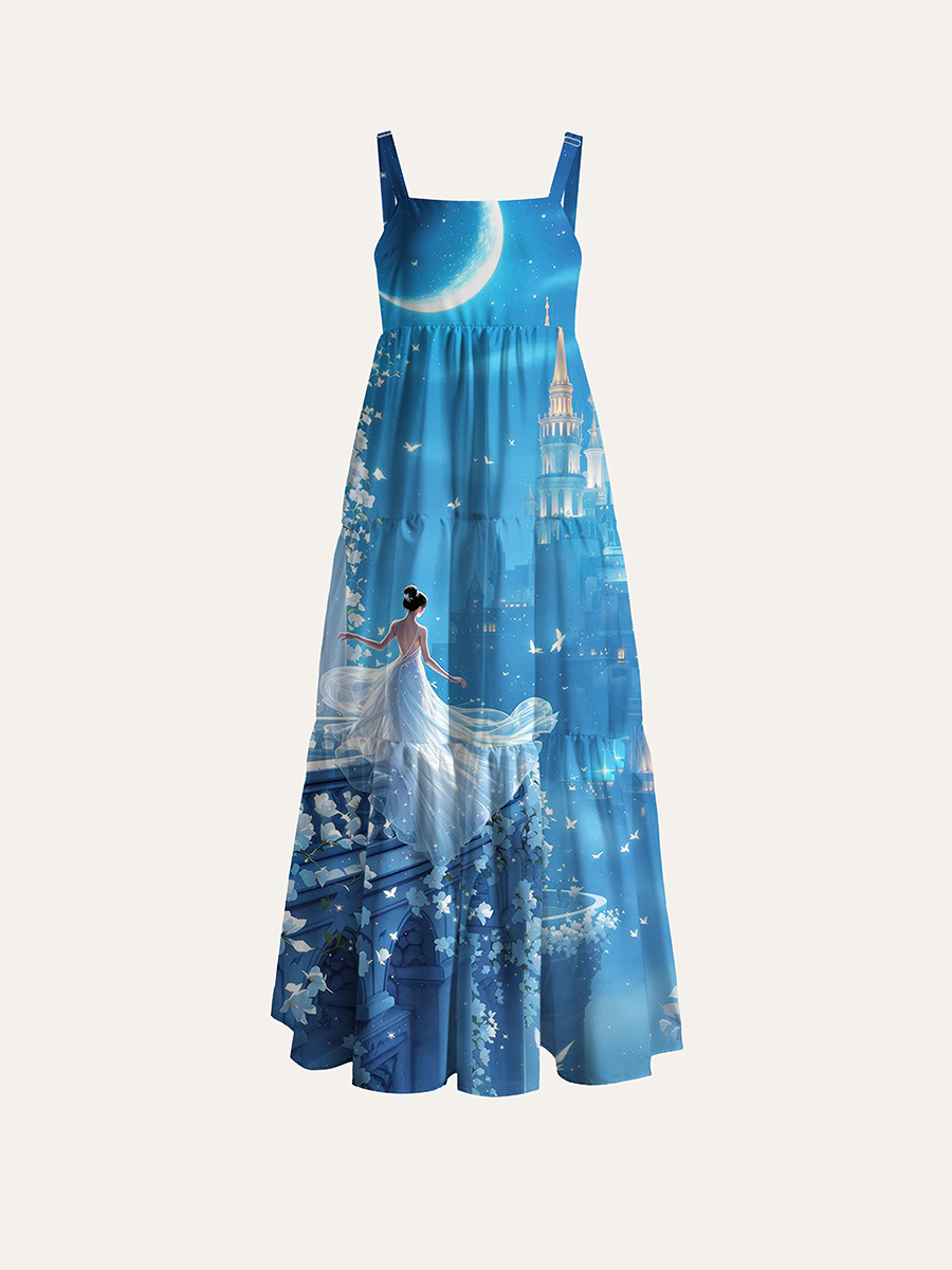 Crescent Moon White Rose Castle Girl Fantasy Adjustable Wide Straps Maxi Dress