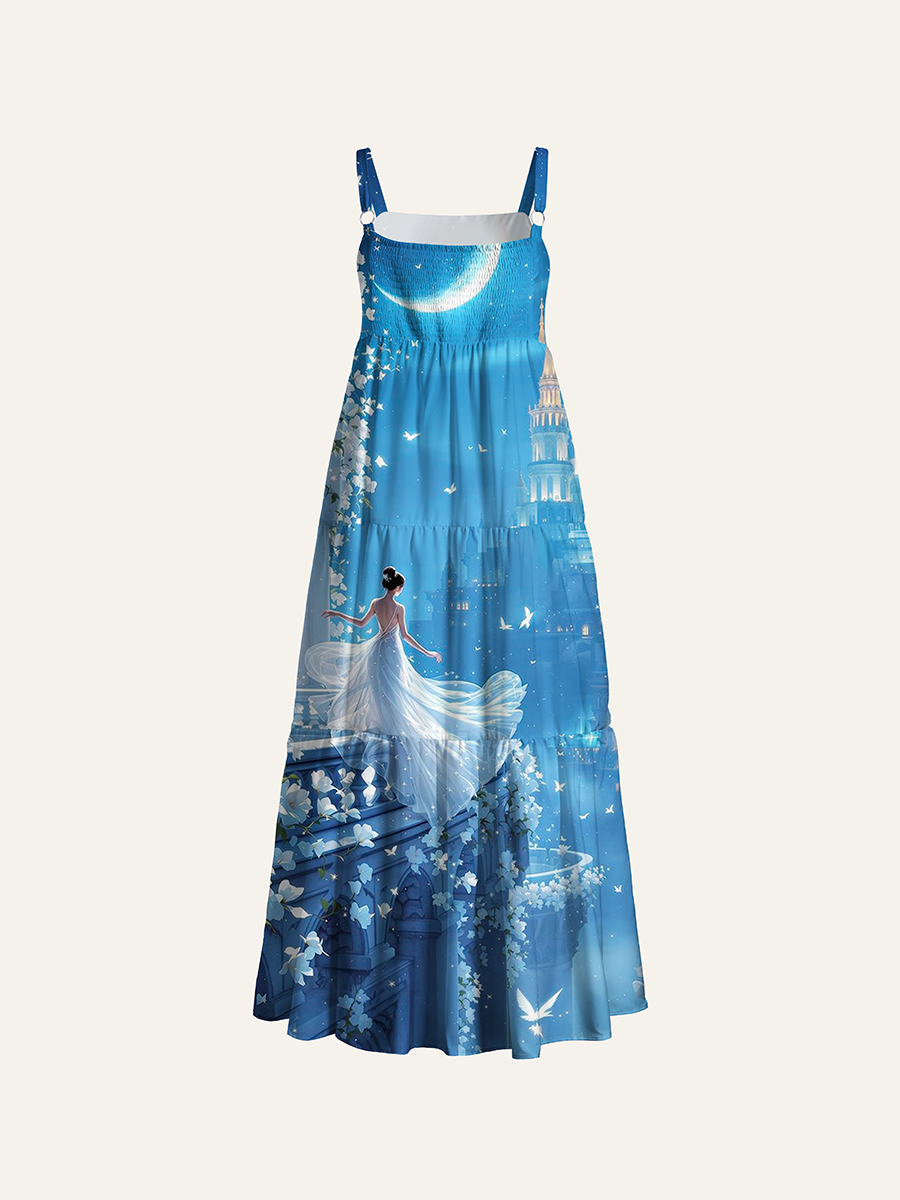 Crescent Moon White Rose Castle Girl Fantasy Adjustable Wide Straps Maxi Dress