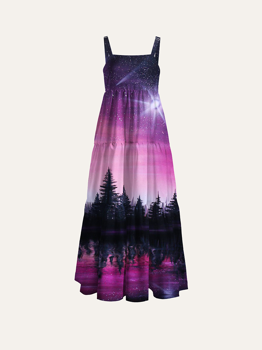 Aurora Pine Forest Lake Reflection Oil Adjustable Wide Straps Maxi Dress