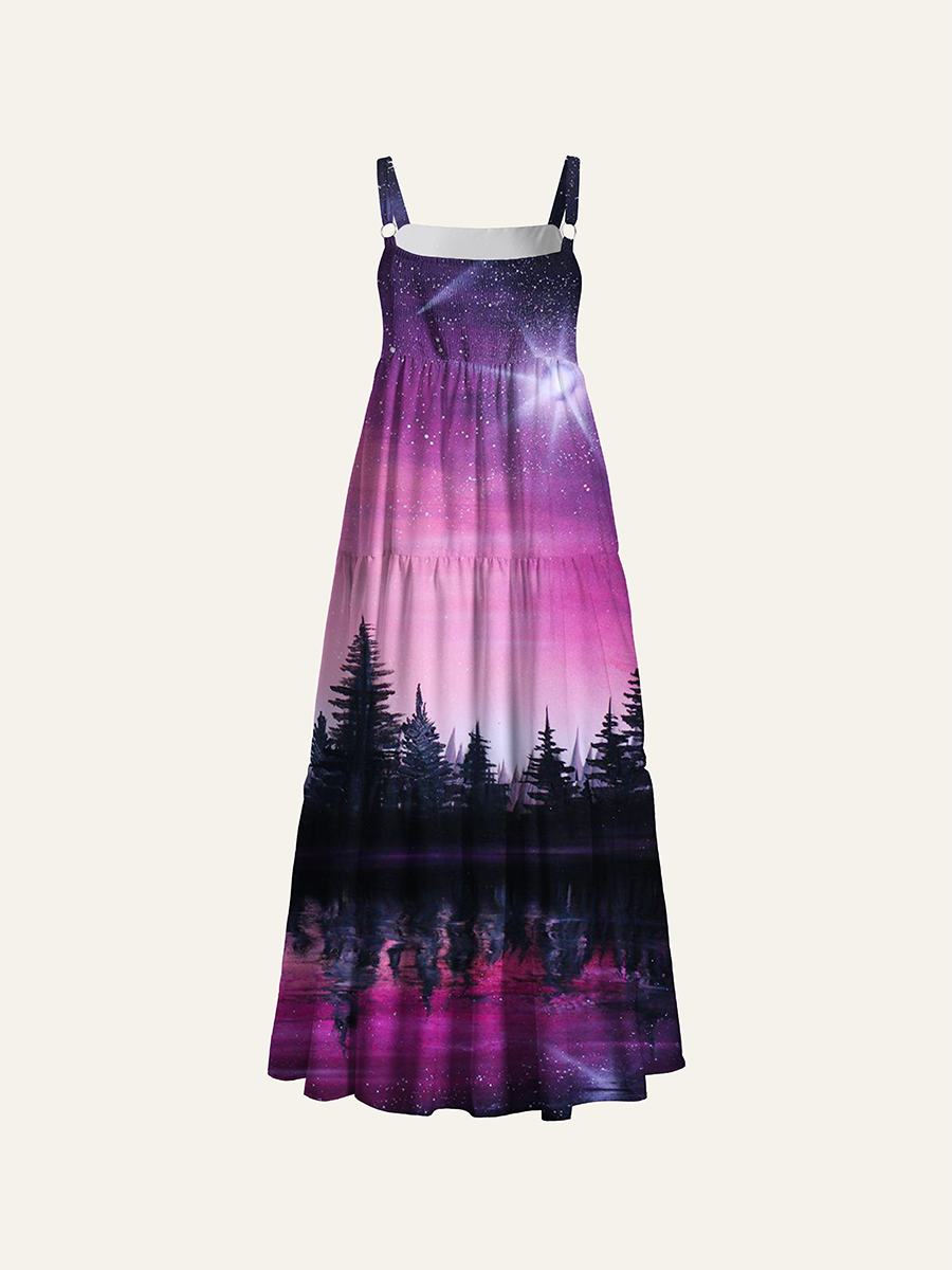 Aurora Pine Forest Lake Reflection Oil Adjustable Wide Straps Maxi Dress