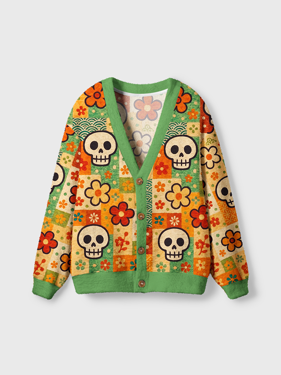 Vintage Vintage Collage Style Skulls and Flowers Cardigan Sweaters