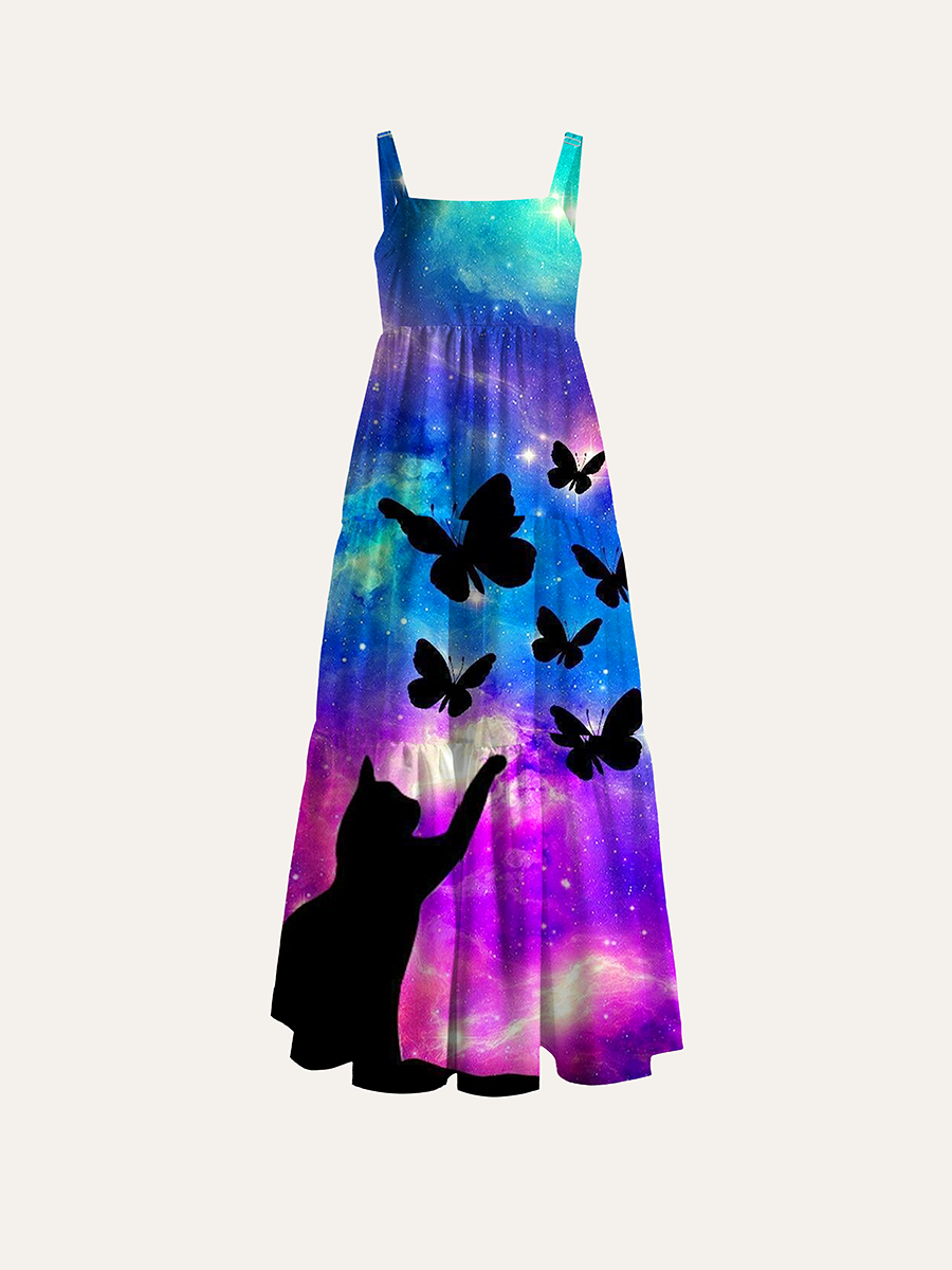 Vibrant Rainbow Galaxy Cat Silhouette Butterfly Adjustable Wide Straps Maxi Dress