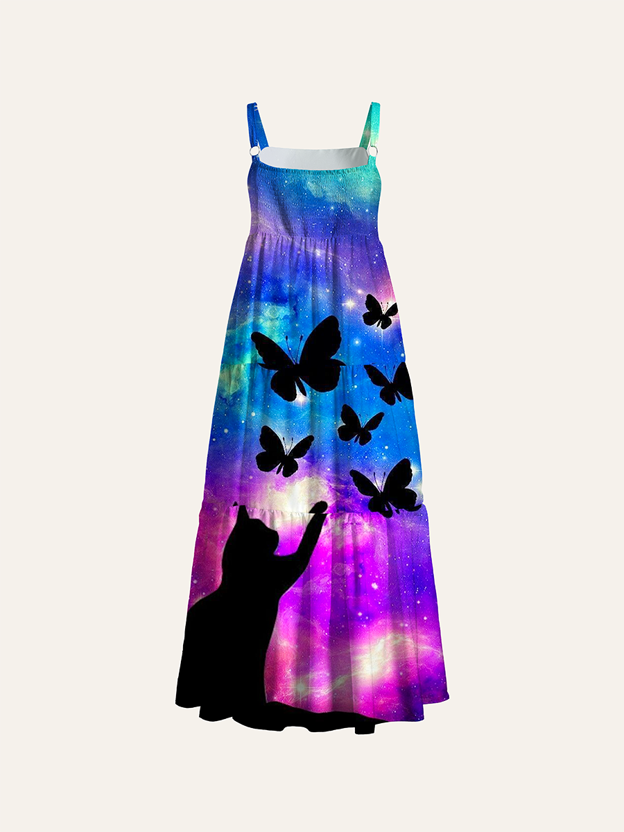 Vibrant Rainbow Galaxy Cat Silhouette Butterfly Adjustable Wide Straps Maxi Dress