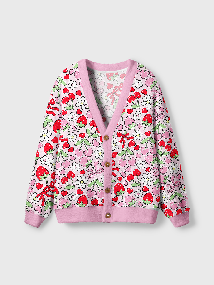 Vintage Strawberry Flower Heart Bow Cardigan Sweaters