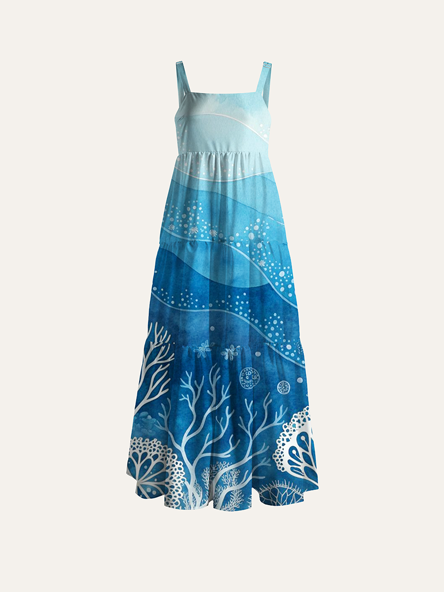 Soft Light Blue Watercolor Ocean Coral Adjustable Wide Straps Maxi Dress